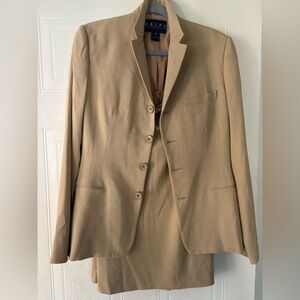 Vintage Ralph Lauren Suit Jacket Skirt Set Tan Womens Wool Blend
